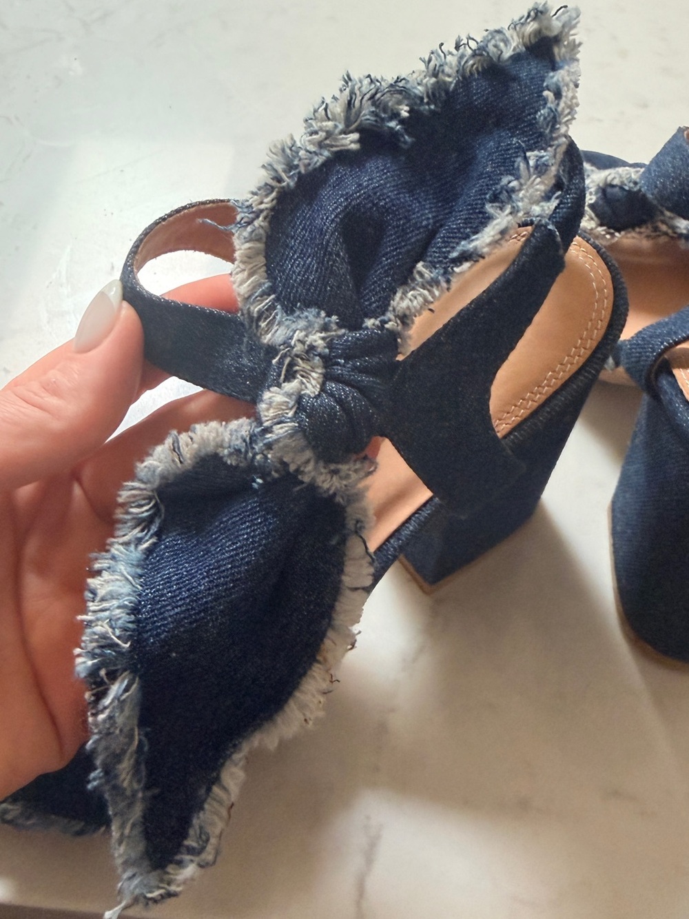 Bill Blass Denim Frayed Block Heel Sandals - Dark Blue - Picture 9 of 9